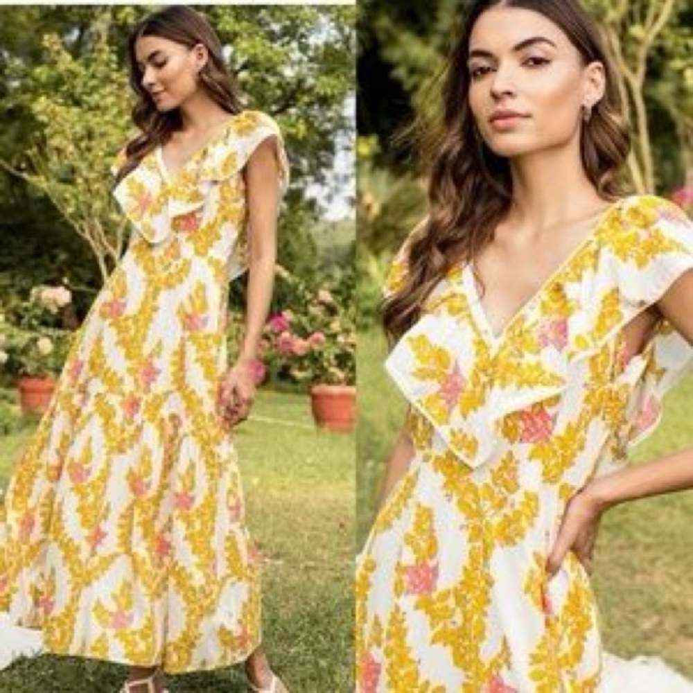 White and Yellow Ruffled Tiered Maxi Dress